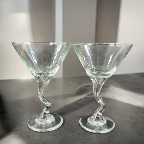 Martini Glasses Squiggle Cocktail Bent Stem Crooked Cocktail Set 2 Clear Glasses - Picture 3 of 14